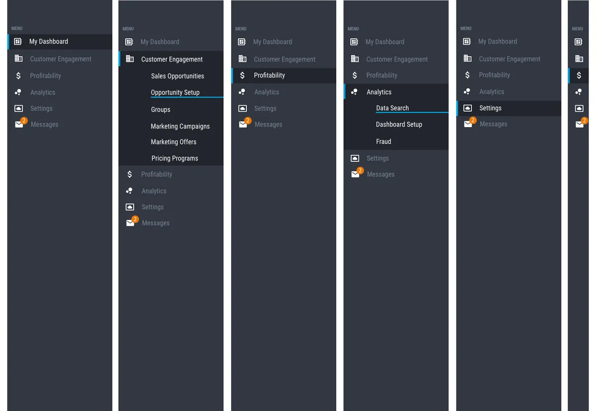 Example visual design for the navigation variations in the Customer Engagement App