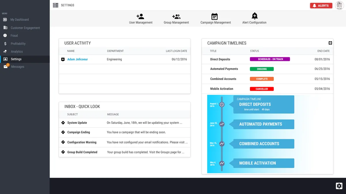 Example visual design for the settings page in the Customer Engagement App